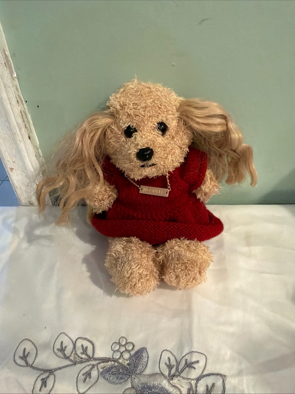 Ty Plush Bear in Red Knit Dress with Blonde Hair - Picture 2 of 9